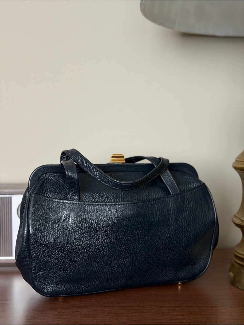 Vintage Ganson Made in California Navy Blue Leather Frame Handbag Gold Hardware